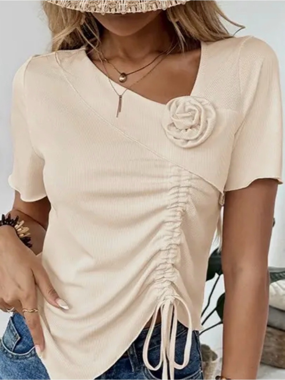 Women's Cream Ruched Short Sleeve Top with Flower Accent
